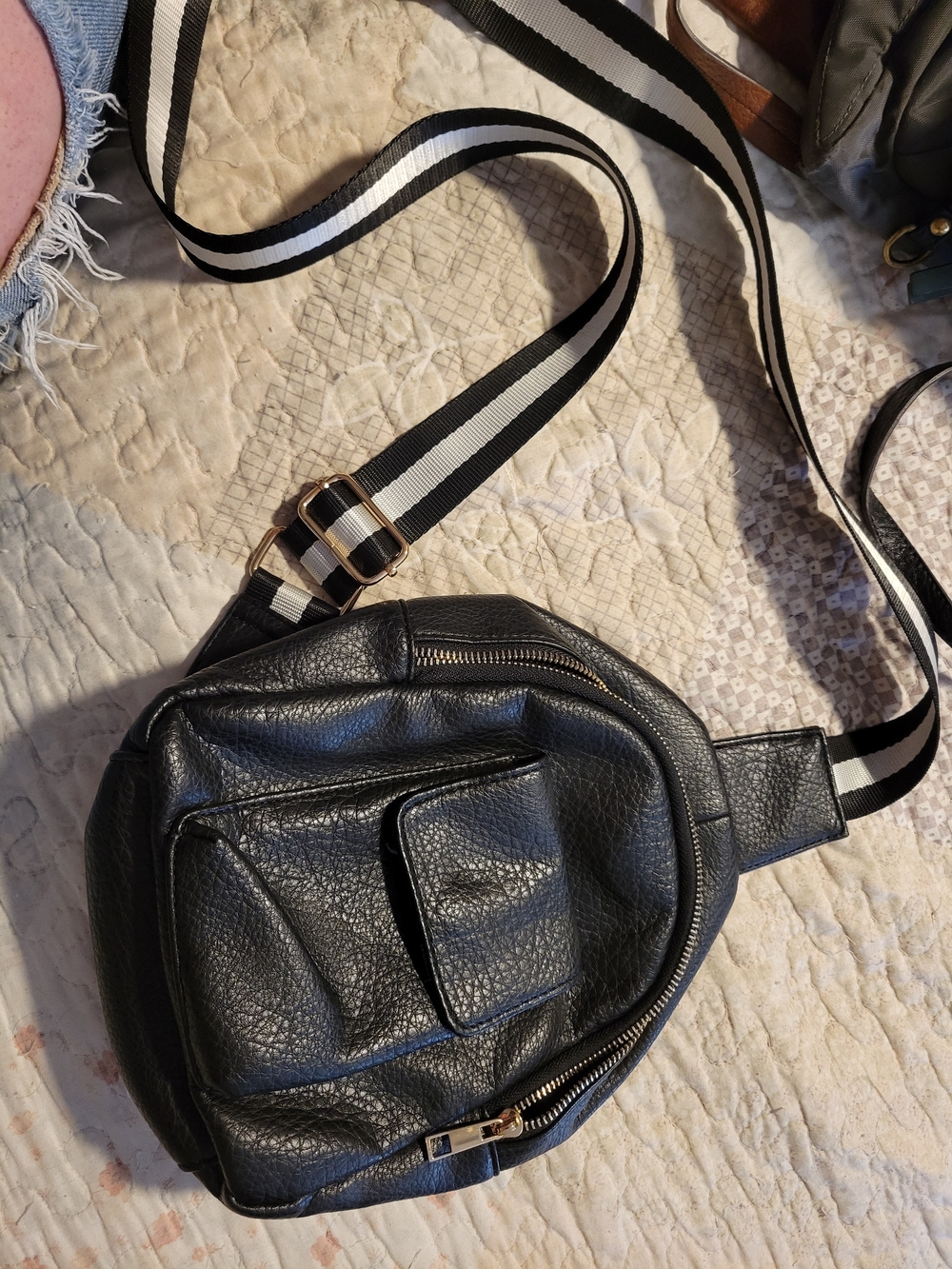 Black Leather Belt Bag with Striped Adjustable Strap